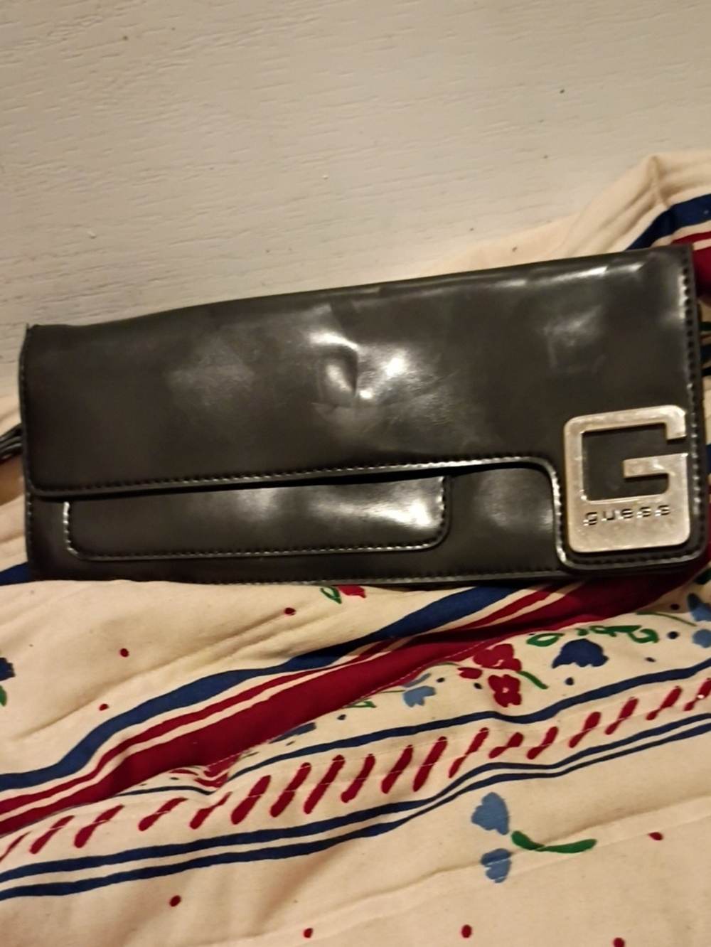 GUESS Black Patent Leather Wallet with Silver G Emblem